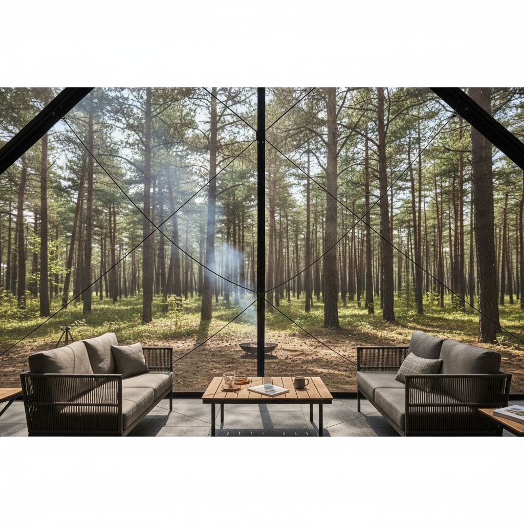 매쉬 스크린 하우스 내부에서 바라본 울창한 소나무 숲의 파노라마 뷰, 매쉬망의 미세한 격자무늬가 풍경과 겹쳐지며 시원하고 쾌적한 여름 캠핑의 분위기를 전달함.