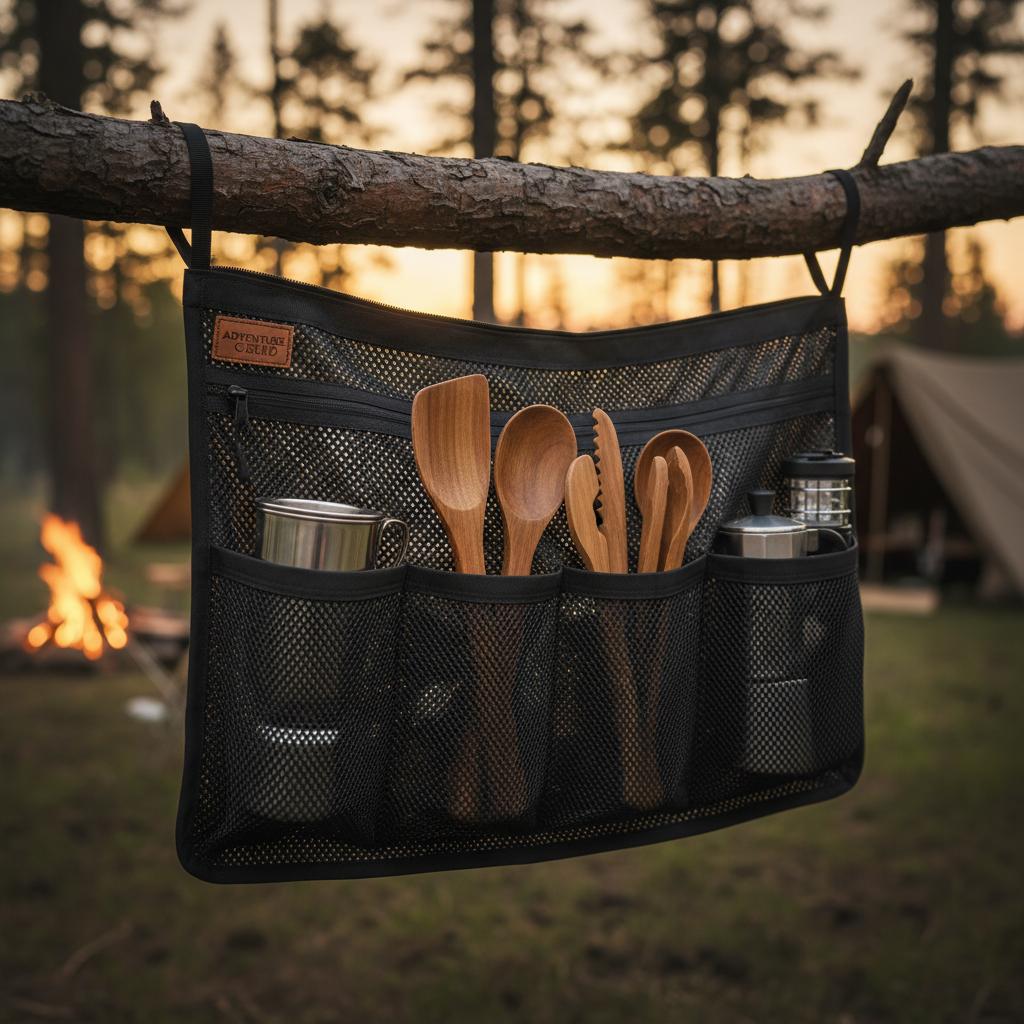 나무에 걸려 있는 캠핑용 매쉬 오거나이저 사진, 그물망 사이로 비치는 티타늄 컵과 목재 조리 도구들이 깔끔하게 정리된 모습과 캠핑장의 감성적인 배경.