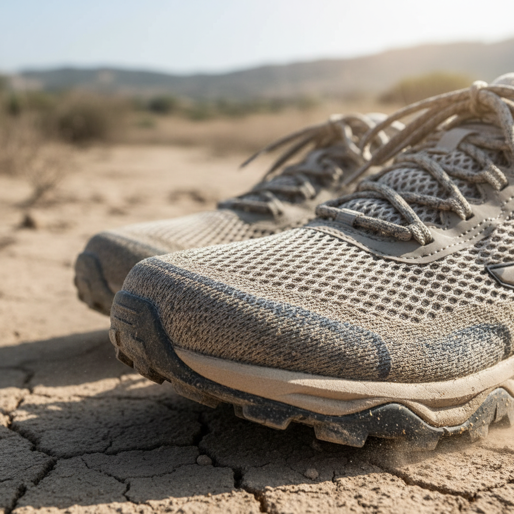 건조한 흙길을 걷고 있는 통기성 좋은 매쉬 소재의 트레킹화 근접 촬영, 원단의 질감과 견고한 박음질이 돋보이며 야외 활동의 역동성을 강조함.
