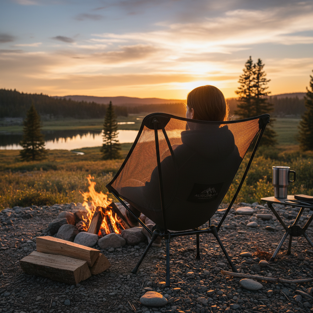 해질녘 모닥불 앞에 놓인 고성능 매쉬 소재 캠핑 의자에 앉아 휴식을 취하는 사람의 뒷모습, 불빛이 매쉬 원단을 투과하며 생기는 따뜻한 질감의 실루엣.